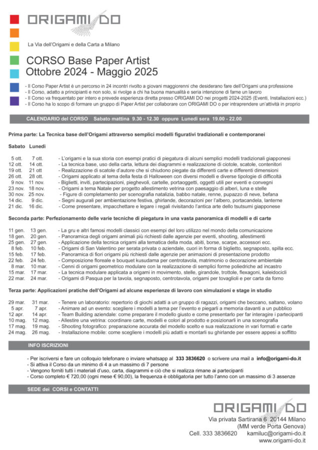 Calendario lezioni del Corso PAPER ARTIST 2024-2025